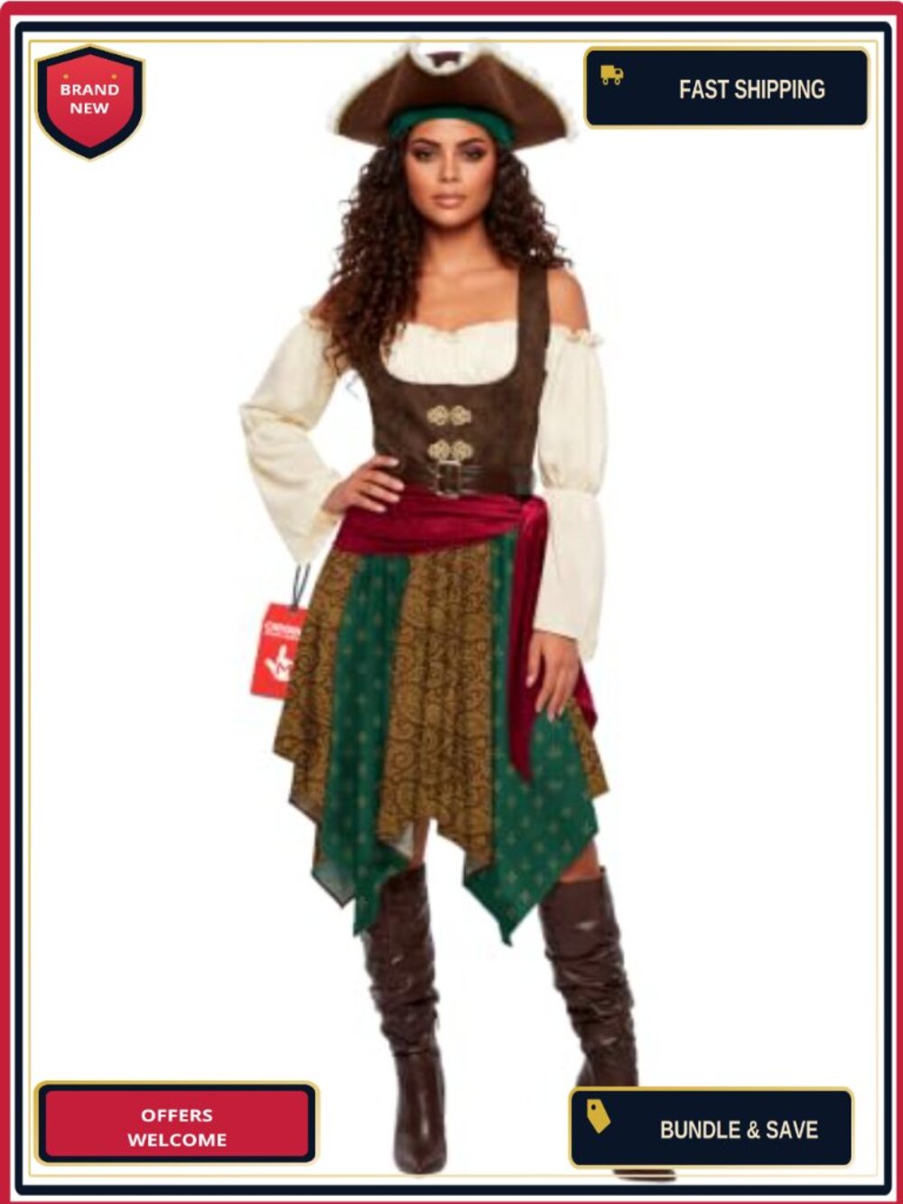 Women Pirate Costume Set Layered Dress Hat Bandana Sash Belt Halloween